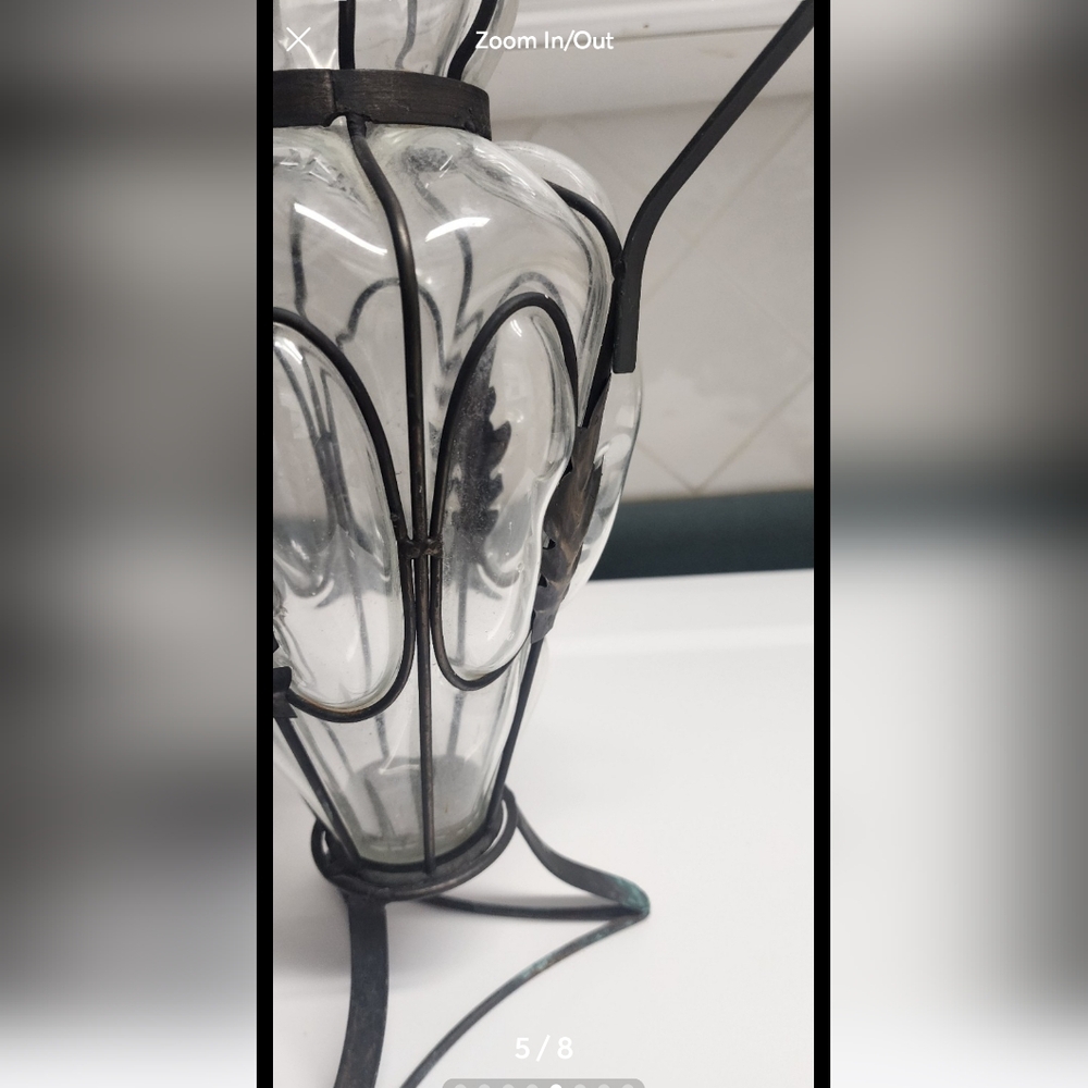Large 15" tall Vintage Wrought Iron and Blown Glass Caged Vase with handles - Picture 5 of 7